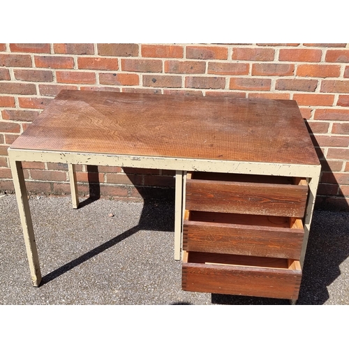 1007 - A vintage industrial painted metal and stained pine desk and matching plan chest, each 120cm wide.... 