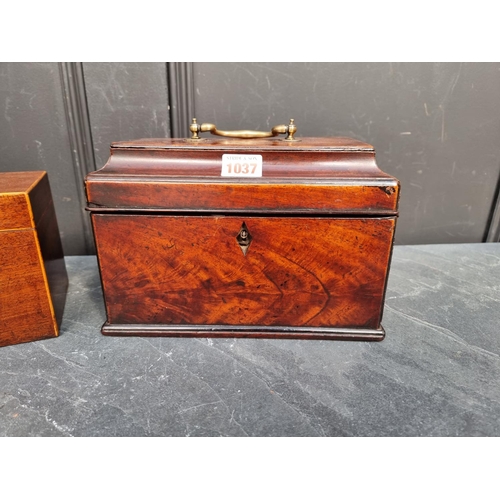 1037 - A George III mahogany sarcophagus tea caddy, with concealed drawer, 24.5cm wide; together with anoth... 