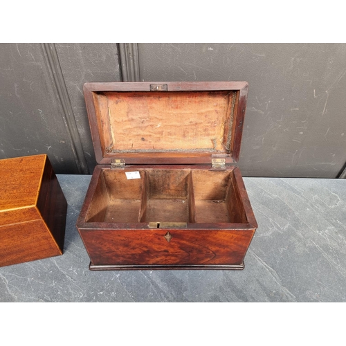 1037 - A George III mahogany sarcophagus tea caddy, with concealed drawer, 24.5cm wide; together with anoth... 