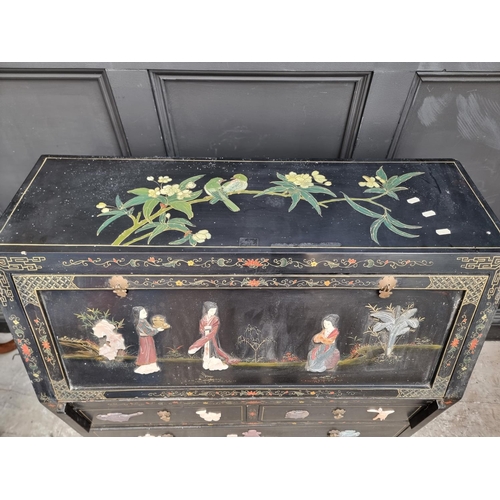 1051 - A reproduction Chinese black lacquered, bone and hardstone inlaid bureau, 91.5cm wide. ... 