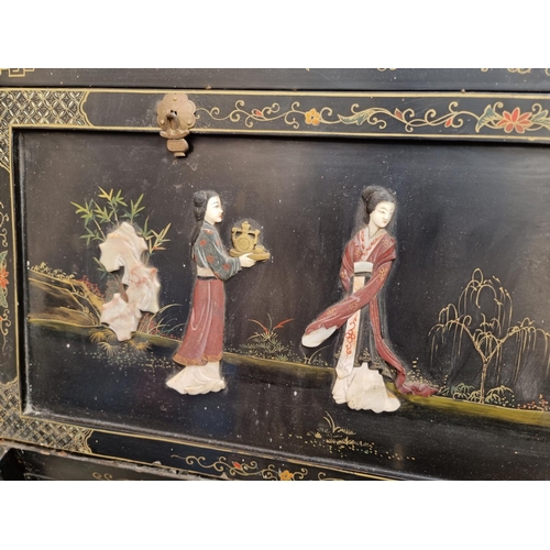 1051 - A reproduction Chinese black lacquered, bone and hardstone inlaid bureau, 91.5cm wide. ... 