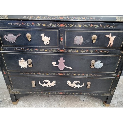 1051 - A reproduction Chinese black lacquered, bone and hardstone inlaid bureau, 91.5cm wide. ... 