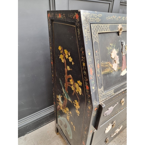 1051 - A reproduction Chinese black lacquered, bone and hardstone inlaid bureau, 91.5cm wide. ... 