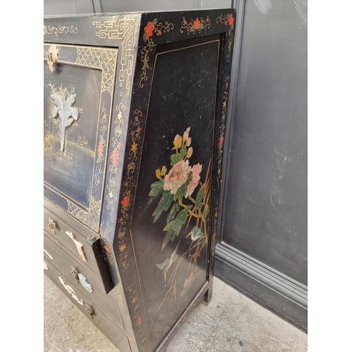 1051 - A reproduction Chinese black lacquered, bone and hardstone inlaid bureau, 91.5cm wide. ... 