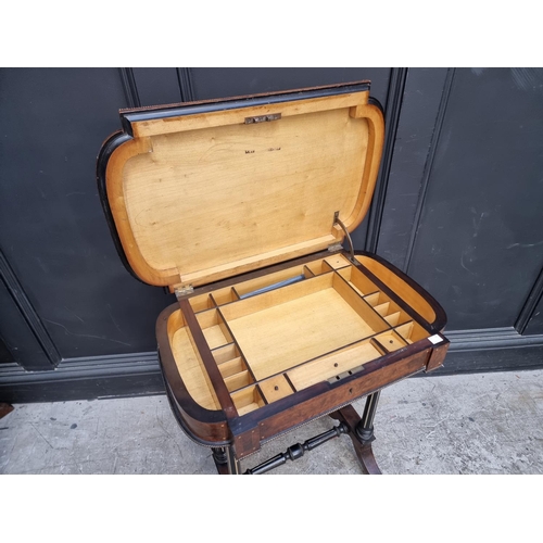 1054 - A Victorian burr walnut, ebonized and inlaid work table, indistinctly stamped 'Lamb, Manchester', 62... 