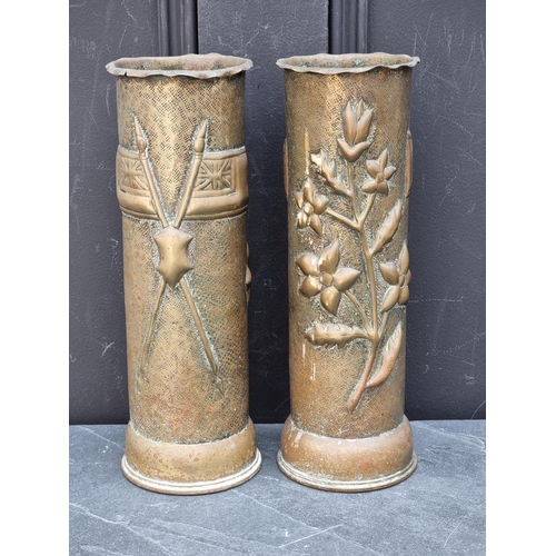 1187 - A pair Trench Art brass vases, 29cm high.