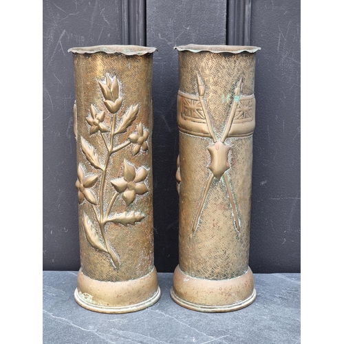 1187 - A pair Trench Art brass vases, 29cm high.