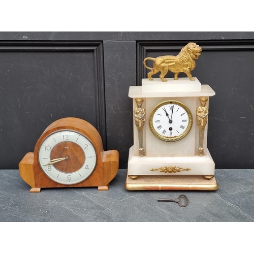 1194 - An onyx and gilt metal mantel clock, 39cm high; together with a 1940s walnut mantel timepiece. ... 