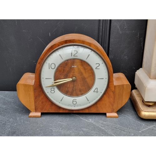 1194 - An onyx and gilt metal mantel clock, 39cm high; together with a 1940s walnut mantel timepiece. ... 