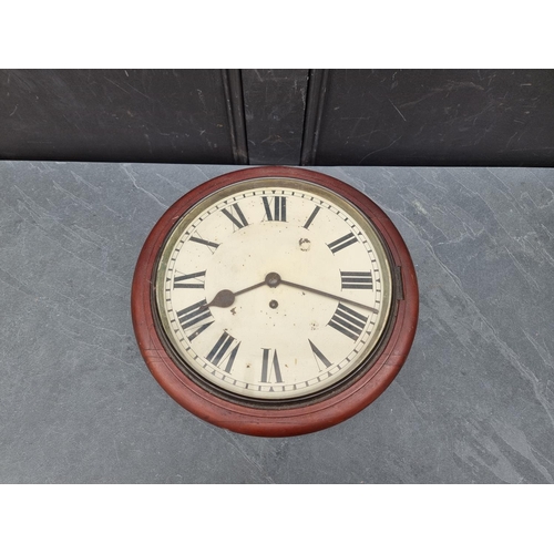 1198 - A Victorian mahogany fusee wall clock, with 11.5in painted dial, (no pendulum).