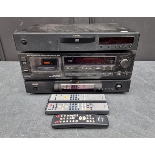 1203 - Hi-Fi Equipment: a Rotel RCD-02 CD player, with two remotes; Denon DR-M20 cassette deck; and Denon T... 