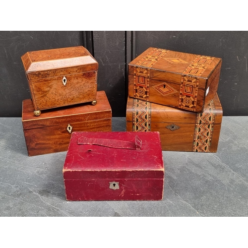 1204 - A George III burr yew and line inlaid tea caddy, with bone escutcheon, 18cm wide; together with four... 