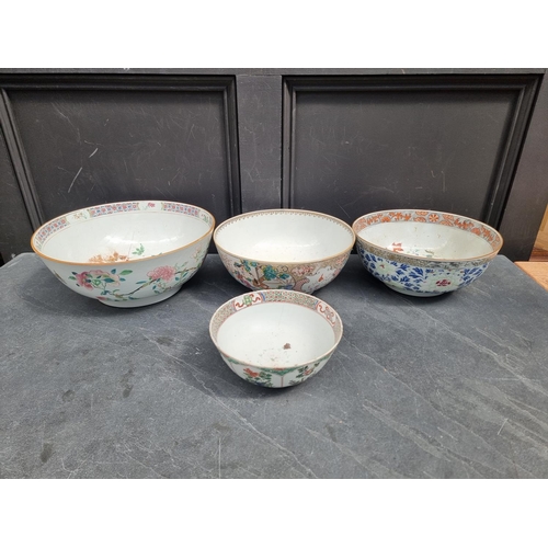 1205 - Three Chinese famille rose bowls, largest 34cm diameter; together with another Kangxi famille v... 