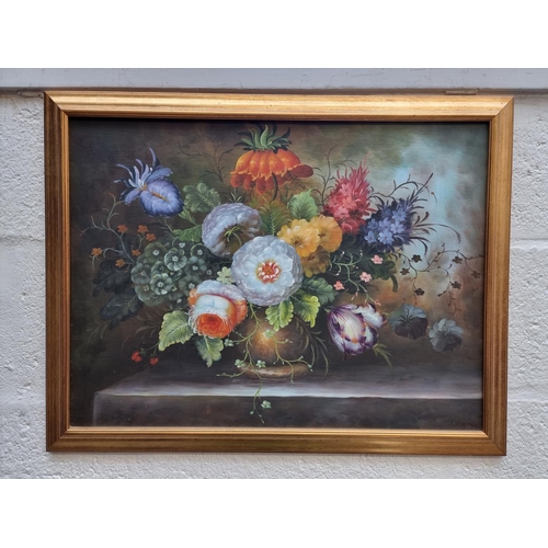 1222 - European School, still life of flowers in a vase, indistinctly signed, oil on board, 45.5 x 61c... 