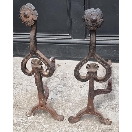 1231 - An old pair wrought iron fire dogs, 61cm high.