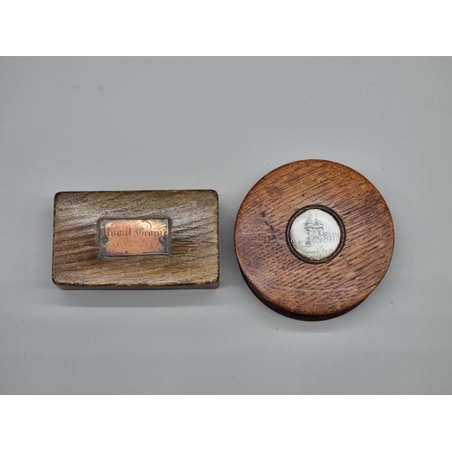 1262 - An oak box and cover, bearing copper plaque inscribed 'Royal George Sunk 1782', 10cm wide; together ... 