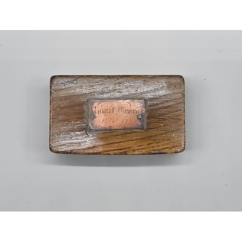 1262 - An oak box and cover, bearing copper plaque inscribed 'Royal George Sunk 1782', 10cm wide; together ... 