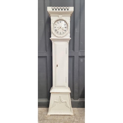 1283 - An antique Danish white painted eight day longcase clock, 205cm high, with weights and pendulum... 