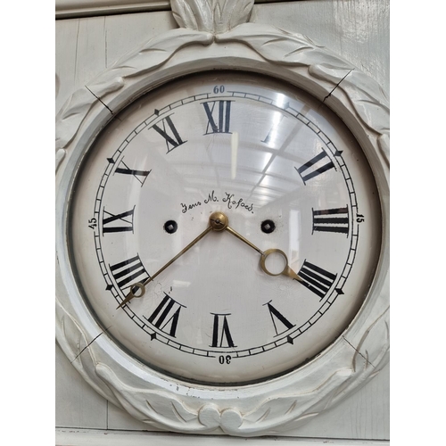 1283 - An antique Danish white painted eight day longcase clock, 205cm high, with weights and pendulum... 