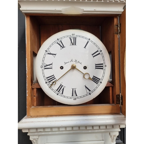 1283 - An antique Danish white painted eight day longcase clock, 205cm high, with weights and pendulum... 