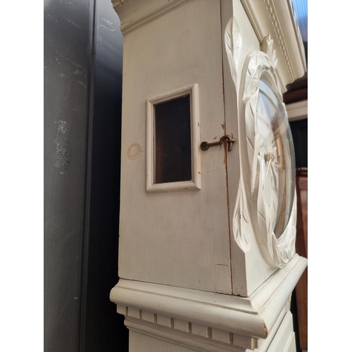 1283 - An antique Danish white painted eight day longcase clock, 205cm high, with weights and pendulum... 