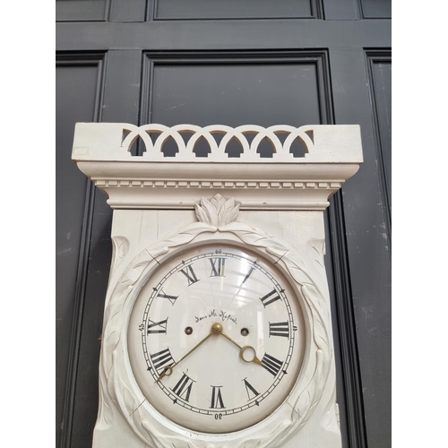 1283 - An antique Danish white painted eight day longcase clock, 205cm high, with weights and pendulum... 