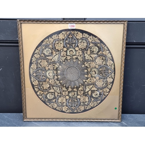 1290 - An Eastern silk embroidered circular panel, 42cm diameter.