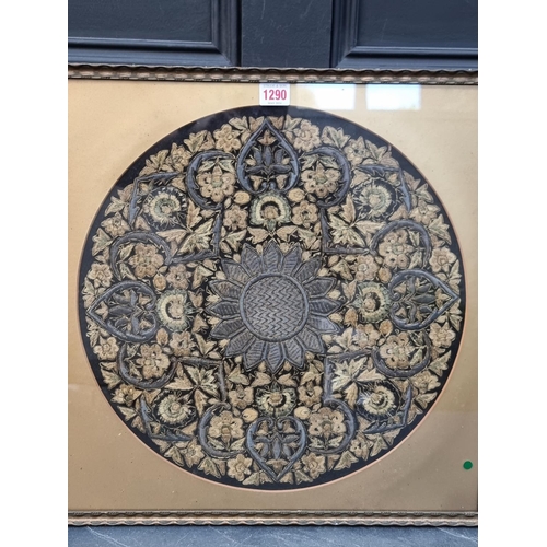 1290 - An Eastern silk embroidered circular panel, 42cm diameter.