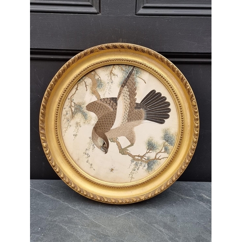 1296 - A fine 19th century Japanese silk embroidered Falcon, 32cm diameter.