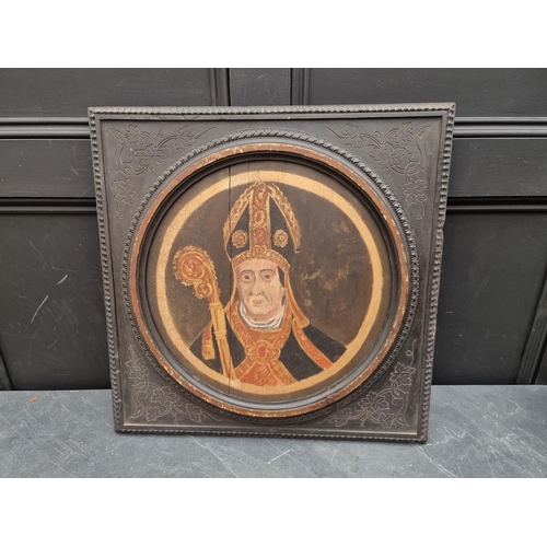 1302 - European school, 19th century, head and shoulders portrait of a bishop with a crozier, 39cm diameter... 