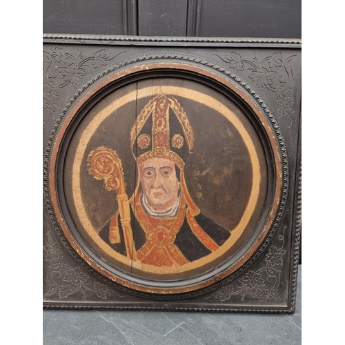 1302 - European school, 19th century, head and shoulders portrait of a bishop with a crozier, 39cm diameter... 