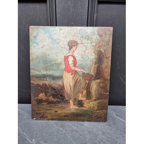 1303 - European School, 19th century, young lady with a pail, oil on panel, 30.5 x 25.5cm, unframed.... 