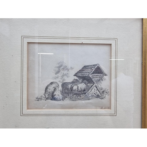 1326 - Manner of Karel Dujardin, sheep feeding, initialled, pencil, 14 x 17.5cm.  ... 