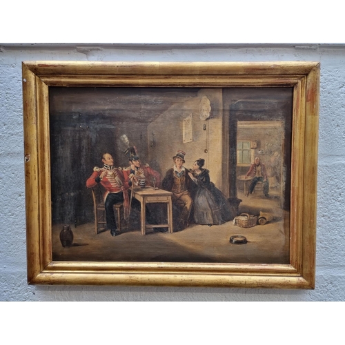 1332 - British School, first half 19th century, an interior scene with Napoleonic soldiers, oil on can... 