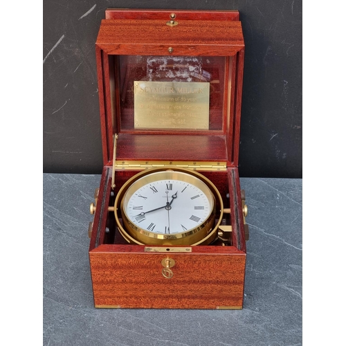 1349 - A Tiffany & Co marine chronometer style desk clock, in mahogany and brass bound box, 18.5cm wide... 