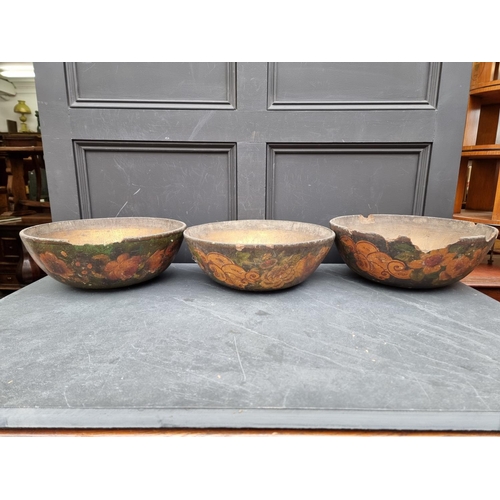 1359 - A large set of three 19th century Continental papier mache bowls, with polychrome and gilt decoratio... 