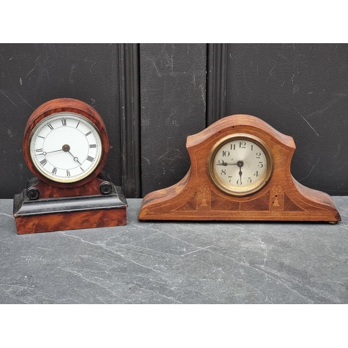 1366 - A small antique yew and ebonised mantel timepiece, 17cm high; together with another Edward... 