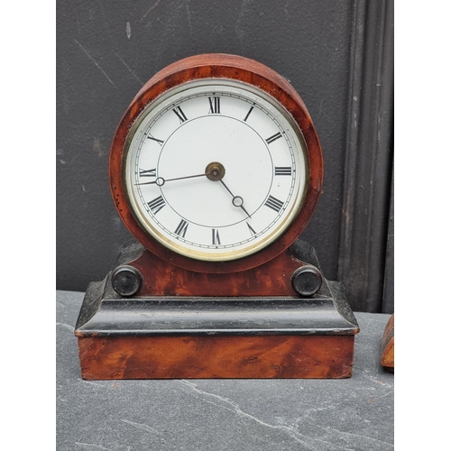 1366 - A small antique yew and ebonised mantel timepiece, 17cm high; together with another Edward... 