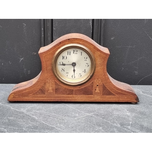 1366 - A small antique yew and ebonised mantel timepiece, 17cm high; together with another Edward... 