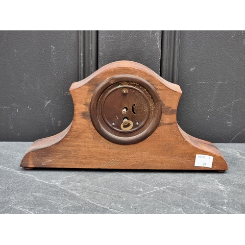 1366 - A small antique yew and ebonised mantel timepiece, 17cm high; together with another Edward... 