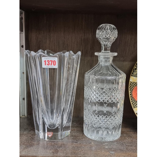 1370 - An Orrefors clear glass vase, 20cm high; together with an old cut glass decanter and stopper. (2)... 