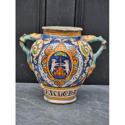 1377 - An Italian maiolica twin handled alborello, probably 16th century, inscribed 'Diachatolico Di Nicolo... 