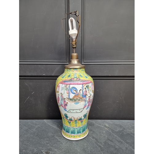 1389 - A large Chinese famille rose yellow ground table lamp, height excluding bulb 66cm. ... 