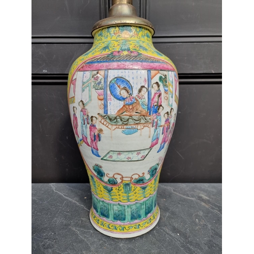 1389 - A large Chinese famille rose yellow ground table lamp, height excluding bulb 66cm. ... 