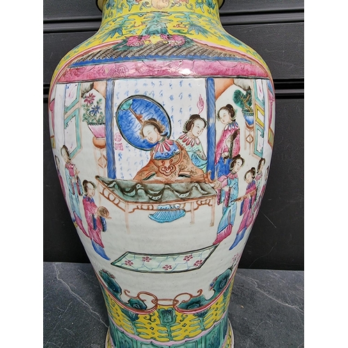 1389 - A large Chinese famille rose yellow ground table lamp, height excluding bulb 66cm. ... 