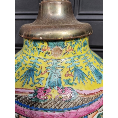 1389 - A large Chinese famille rose yellow ground table lamp, height excluding bulb 66cm. ... 