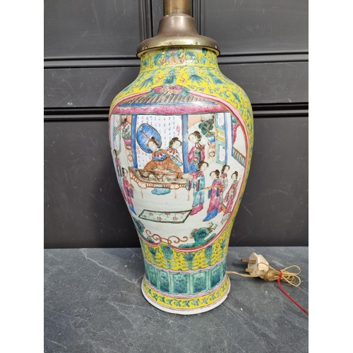 1389 - A large Chinese famille rose yellow ground table lamp, height excluding bulb 66cm. ... 