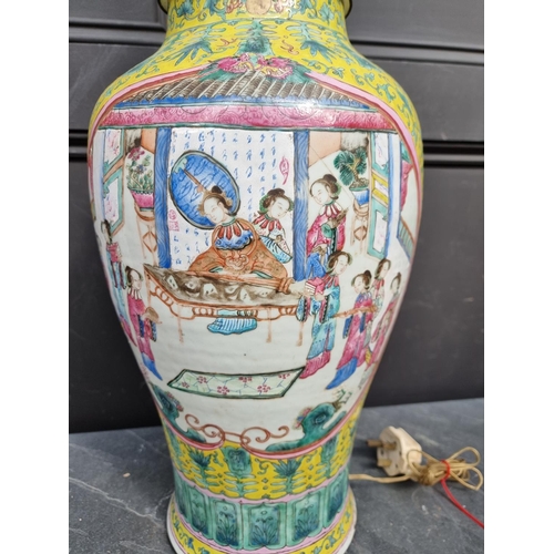 1389 - A large Chinese famille rose yellow ground table lamp, height excluding bulb 66cm. ... 