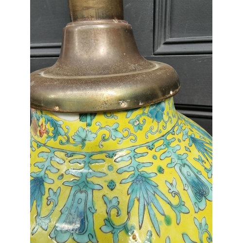 1389 - A large Chinese famille rose yellow ground table lamp, height excluding bulb 66cm. ... 