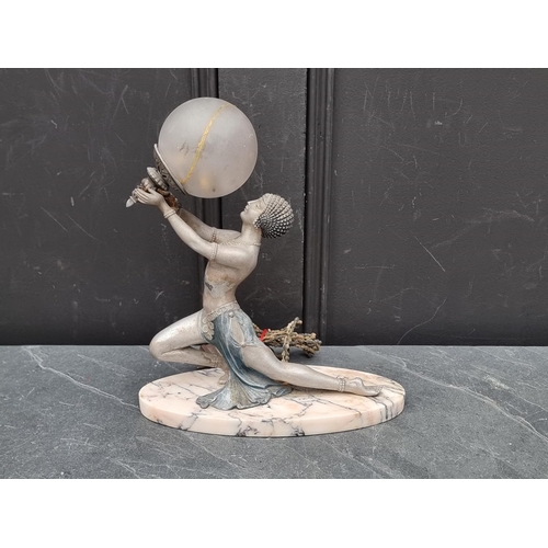 1395 - An Art Deco spelter and marble figural table lamp, 31.5cm high, (repair to shade).